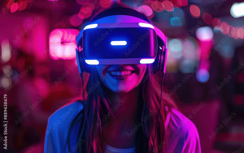 A young woman wears a virtual reality headset and smiles while standing in a brightly lit arcade A young woman wears a virtual reality headset and smiles while standing in a brightly lit arcade