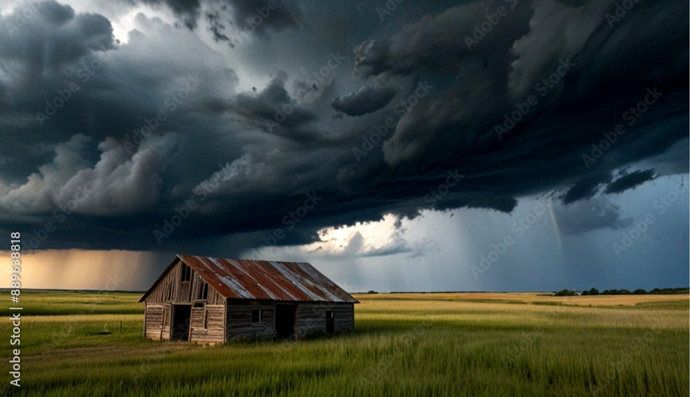 Abandoned Barn with Storm Clouds Converging Overhead in Nebraska, United States of America Abandoned Barn with Storm Clouds Converging Overhead in Nebraska, United States of America