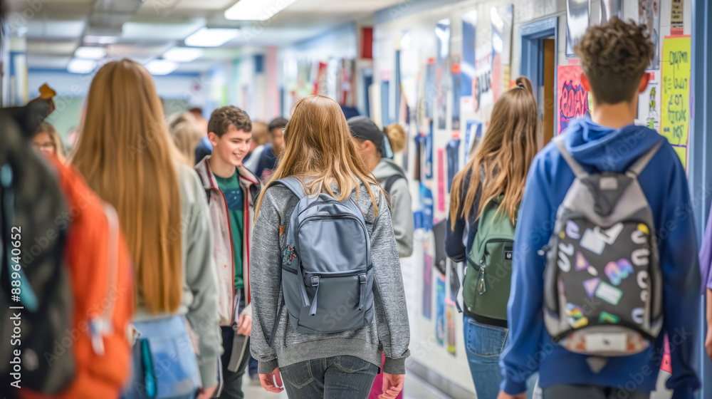High school students walking in hallway between classes, carrying backpacks, and engaging in conversation High school students walking in hallway between classes, carrying backpacks, and engaging in conversation