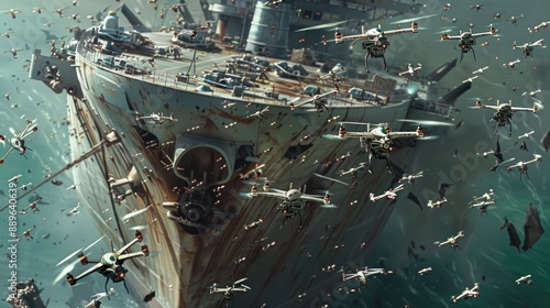 A fleet of drones swarming a damaged battleship with coordinated attacks.