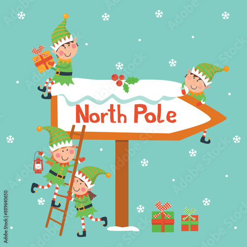 Christmas card with elves on blue background and sign North Pole.