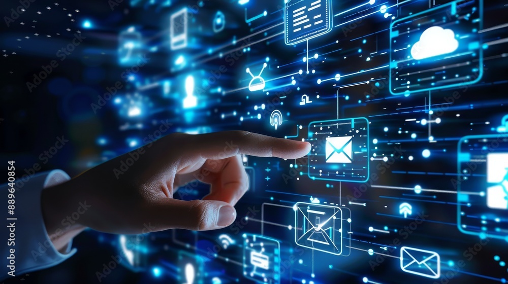 Digital Mastery Businessperson Engaging with Holographic Interface in Modern Office Setting Digital Mastery Businessperson Engaging with Holographic Interface in Modern Office Setting