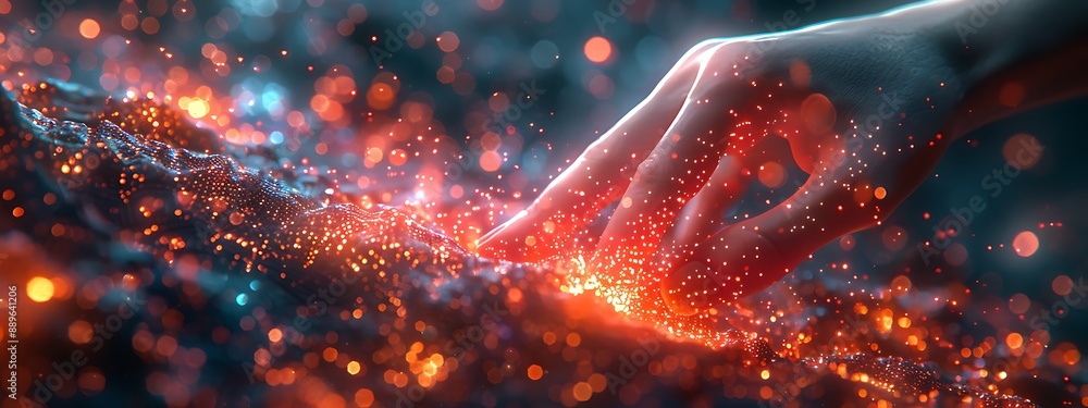 Hand touching a spinning data flow, data flow processing visualization background Hand touching a spinning data flow, data flow processing visualization background