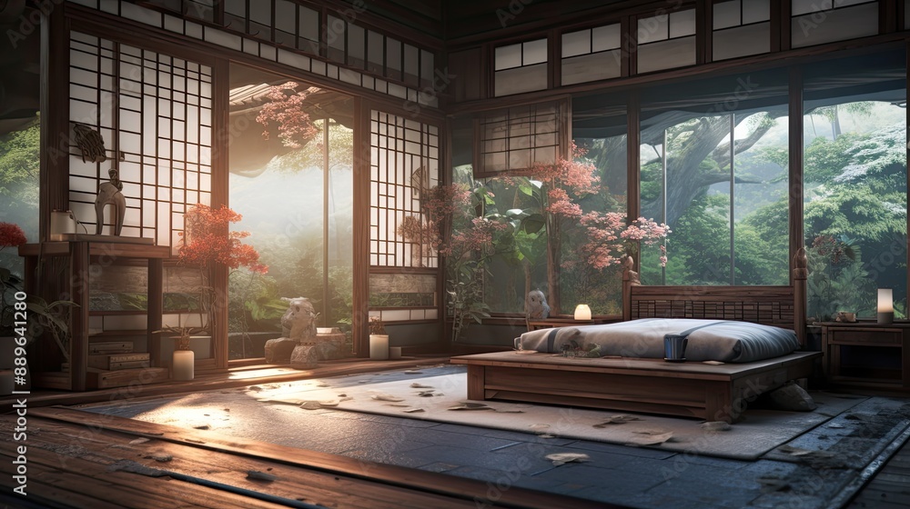 Serene Japanese Bedroom with Natural Light. Serene Japanese Bedroom with Natural Light.