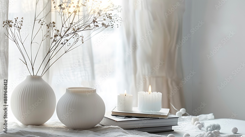 Contemporary home decor items including vases, candles, and books on a stylish white background. 32k, full ultra HD, high resolution Contemporary home decor items including vases, candles, and books on a stylish white background. 32k, full ultra HD, high resolution
