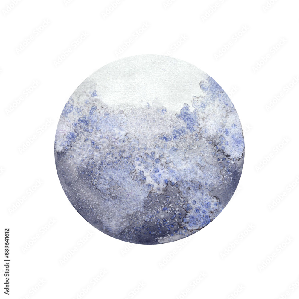 Obraz premium Circle, gray-blue watercolor texture. Watercolor illustration. Abstract moon, full moon. Sphere with gradient and pattern. Monochrome background for card, poster, invitation, banner
