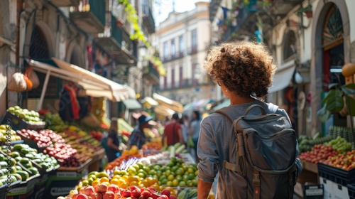 Vibrant Market Scene Curlyhaired Explorer with Gray Backpack Immersed in Colorful Produce Stalls and Charming Old Buildings Capturing the Bustling Energy and Warmth of a Lively Market Street