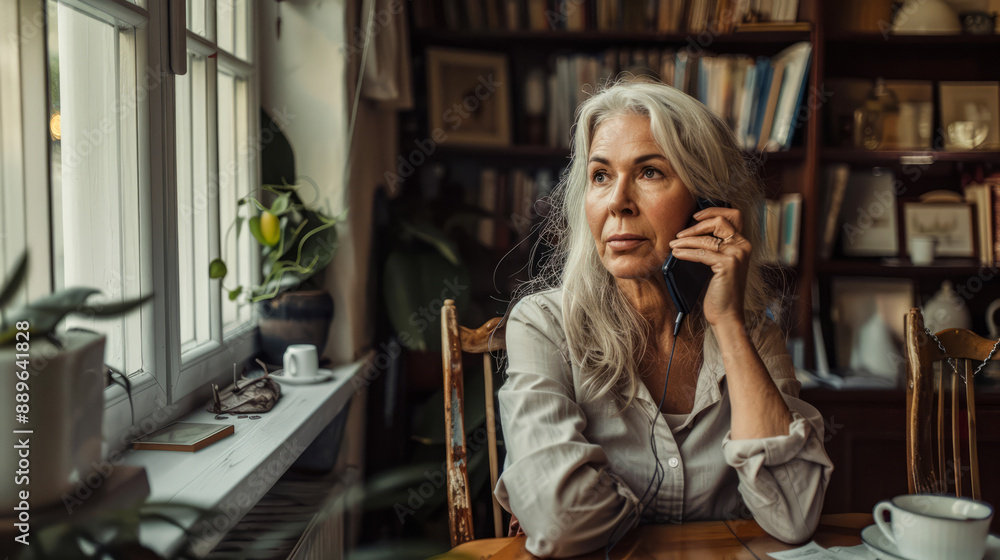 Pensive elderly woman talking on phone in cozy home library Pensive elderly woman talking on phone in cozy home library
