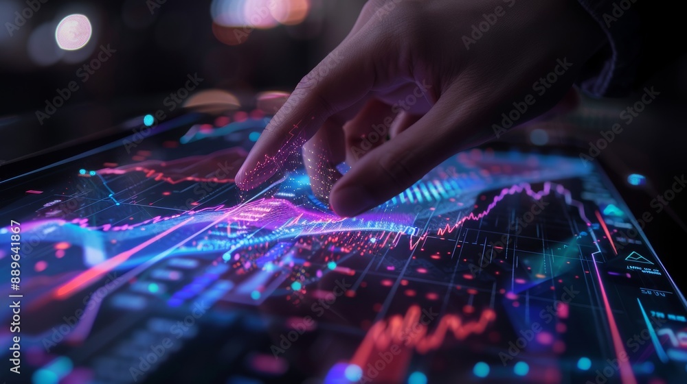 TechSavvy Finance Hand Interacting with Holographic Stock Market Data on Transparent Screen Innovative Financial Analysis Concept TechSavvy Finance Hand Interacting with Holographic Stock Market Data on Transparent Screen Innovative Financial Analysis Concept