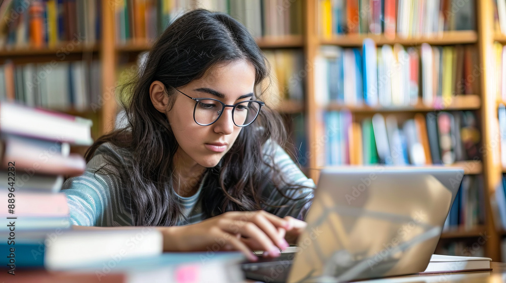 Focused young woman studying in a library with laptop, surrounded by books, wearing glasses, engaged in research, academic setting, shelves filled with books Focused young woman studying in a library with laptop, surrounded by books, wearing glasses, engaged in research, academic setting, shelves filled with books