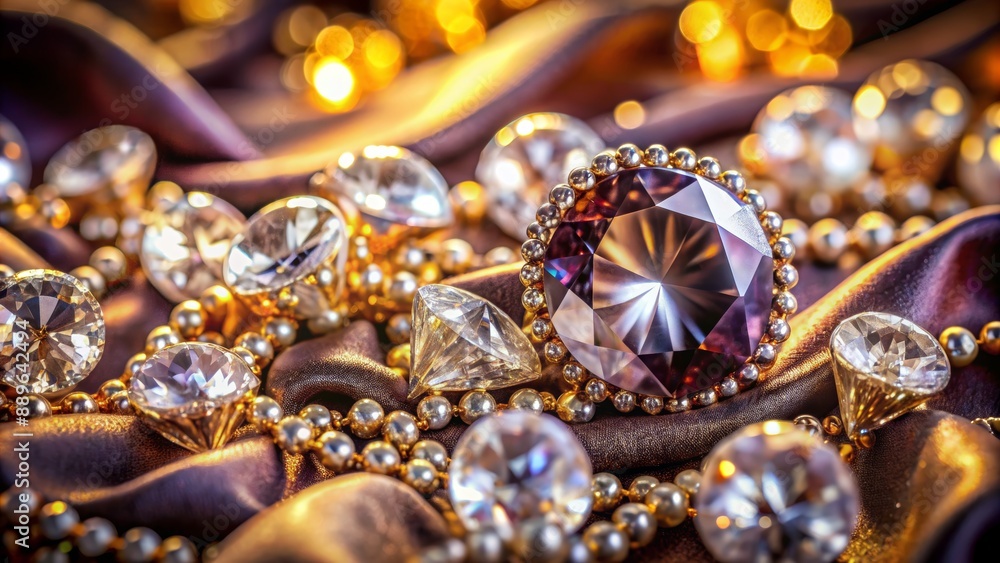 Luxurious close-up of scintillating diamonds scattered on velvet background, surrounded by golden jewelry, exuding opulence and sophistication. Luxurious close-up of scintillating diamonds scattered on velvet background, surrounded by golden jewelry, exuding opulence and sophistication.