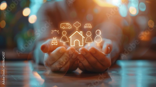 Secure Your Family's Future Insurance Coverage for Home Car and Health A Protective Hand Shielding Loved Ones with Glowing Icons
