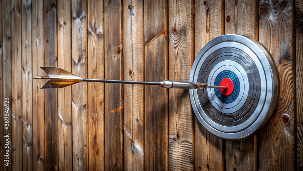 Fototapeta premium A single, sleek silver arrow pierces the center of a large, prominent target, surrounded by dull, missed attempts on a worn wooden wall.