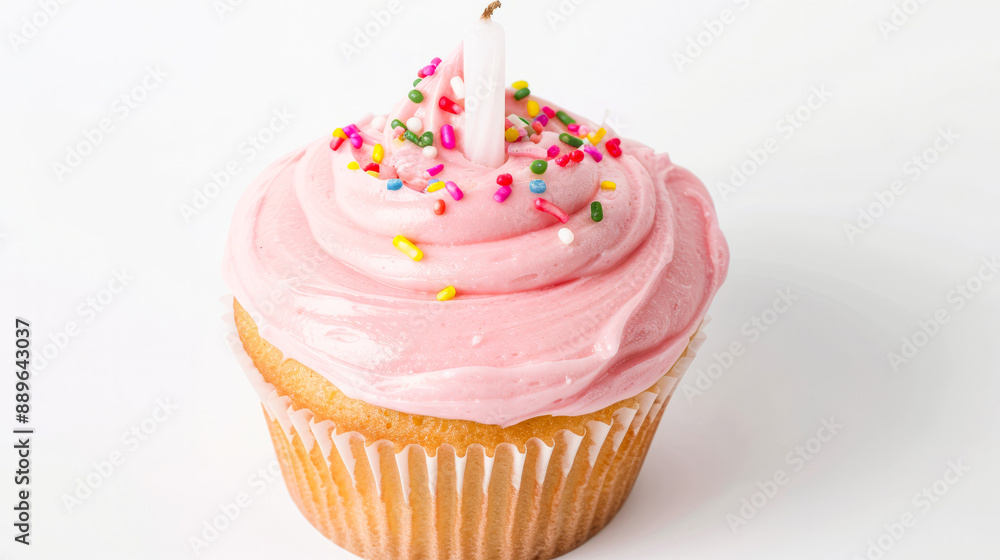 Delicious vanilla cupcake with pink frosting and sprinkles, topped with a candle, isolated on white background Delicious vanilla cupcake with pink frosting and sprinkles, topped with a candle, isolated on white background