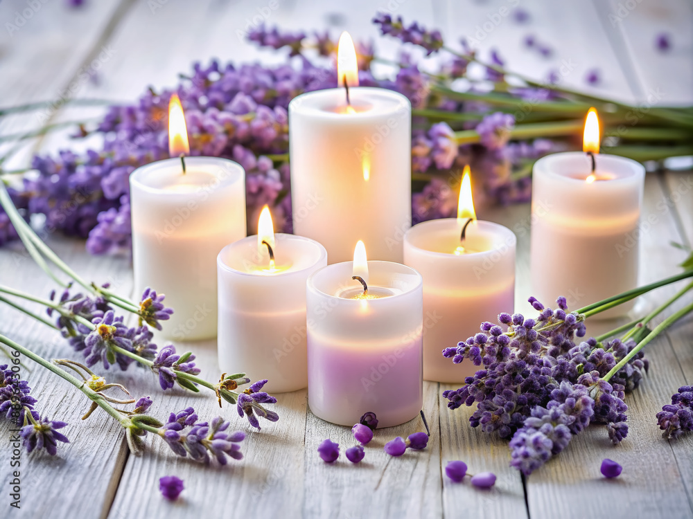 Softly glowing candles and delicate lavender flowers arrange a serene ambiance on a pristine white background, evoking feelings of relaxation and calming tranquility. Softly glowing candles and delicate lavender flowers arrange a serene ambiance on a pristine white background, evoking feelings of relaxation and calming tranquility.