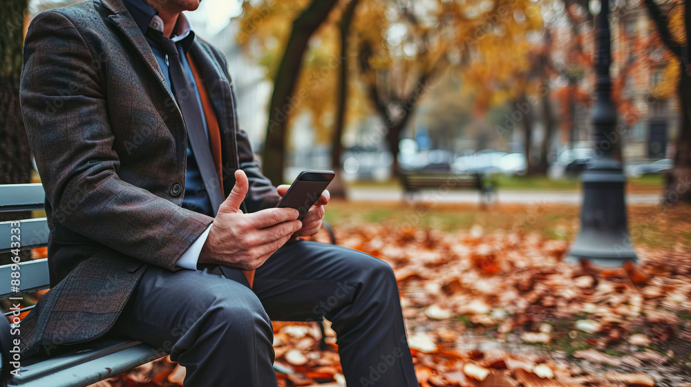 Man using smartphone on park bench in autumn, business attire, fallen leaves, relaxing moment Man using smartphone on park bench in autumn, business attire, fallen leaves, relaxing moment