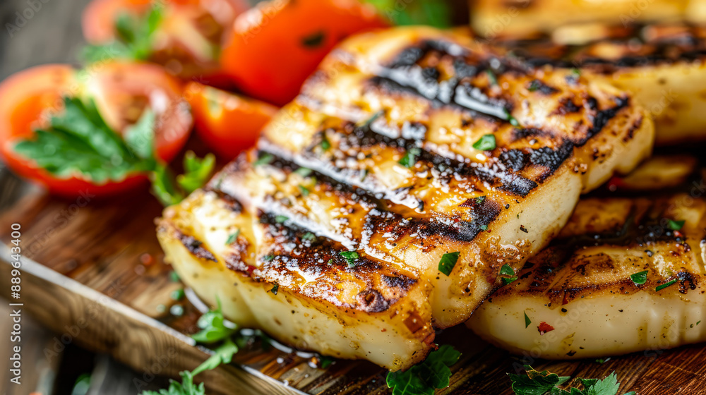 Grilled Halloumi Cheese with Fresh Tomatoes and Herbs on a Wooden Platter Grilled Halloumi Cheese with Fresh Tomatoes and Herbs on a Wooden Platter