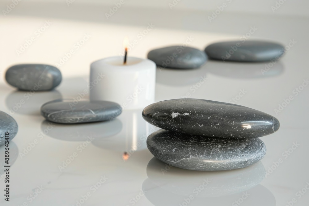 A peaceful arrangement of assorted spa stones and a candle on a clean white surface, evoking feelings of relaxation and calmness. Perfect for a spa day or meditation session. A peaceful arrangement of assorted spa stones and a candle on a clean white surface, evoking feelings of relaxation and calmness. Perfect for a spa day or meditation session.