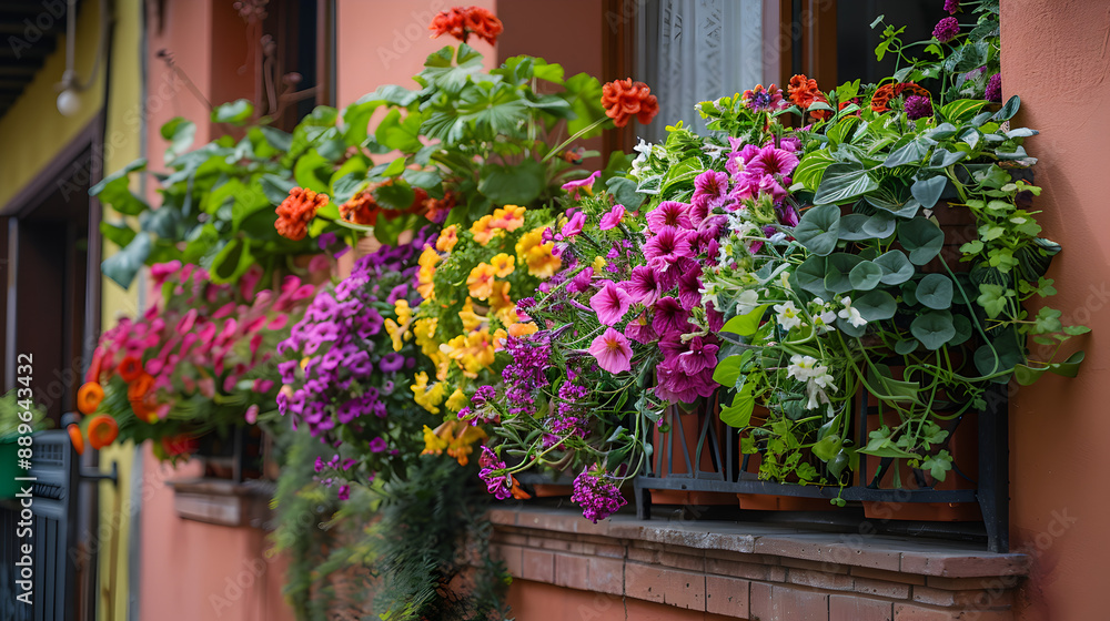 Naklejka premium Balcony container garden: vibrant floral displays, integrates greenery into city living