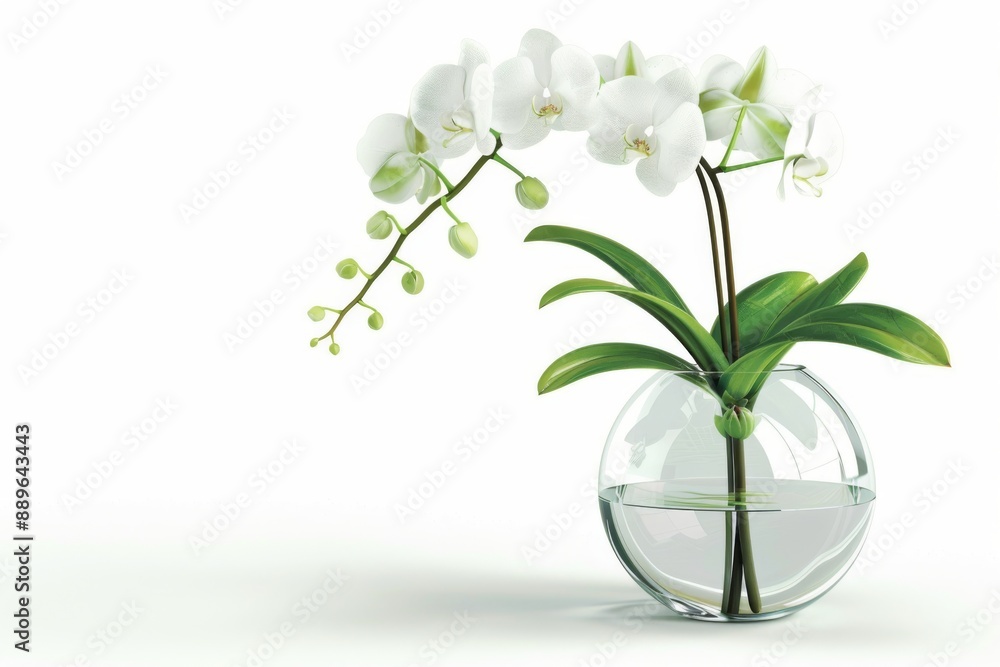 A delicate white orchid blooms in a clear glass vase, exuding simplicity and sophistication. The long stem and petals add a touch of elegance to any room. A delicate white orchid blooms in a clear glass vase, exuding simplicity and sophistication. The long stem and petals add a touch of elegance to any room.