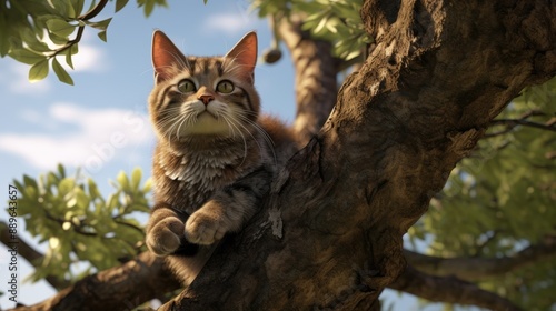 Curious Cat Perched on Tree Branch.