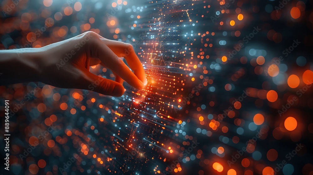 Hand touching a spinning data flow, data flow processing visualization background Hand touching a spinning data flow, data flow processing visualization background