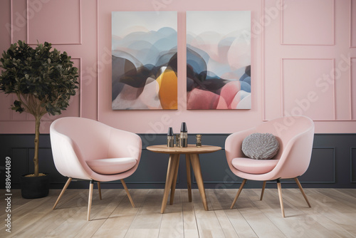 Seek solace and comfort in a cozy Scandinavian sanctuary with two chrs, a central table, and an empty canvas agnst a backdrop of pure pink. photo