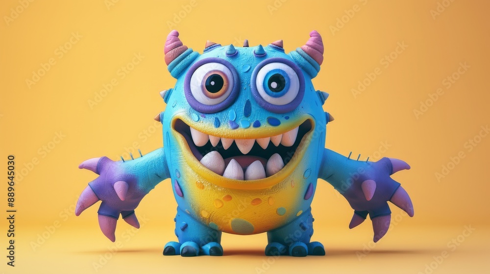 Fototapeta premium Cute 3D cartoon monster with colorful background. This character could be related to animation, children’s media, or character design.