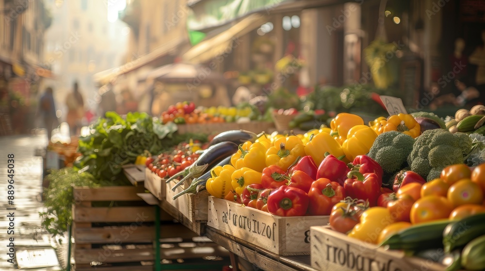 Sunlit Harvest Vibrant Farmers Market Scene with Fresh Vegetables in Wooden Crates and Wicker Baskets Capturing the Essence of Health and Community in a Bustling Street Setting Sunlit Harvest Vibrant Farmers Market Scene with Fresh Vegetables in Wooden Crates and Wicker Baskets Capturing the Essence of Health and Community in a Bustling Street Setting