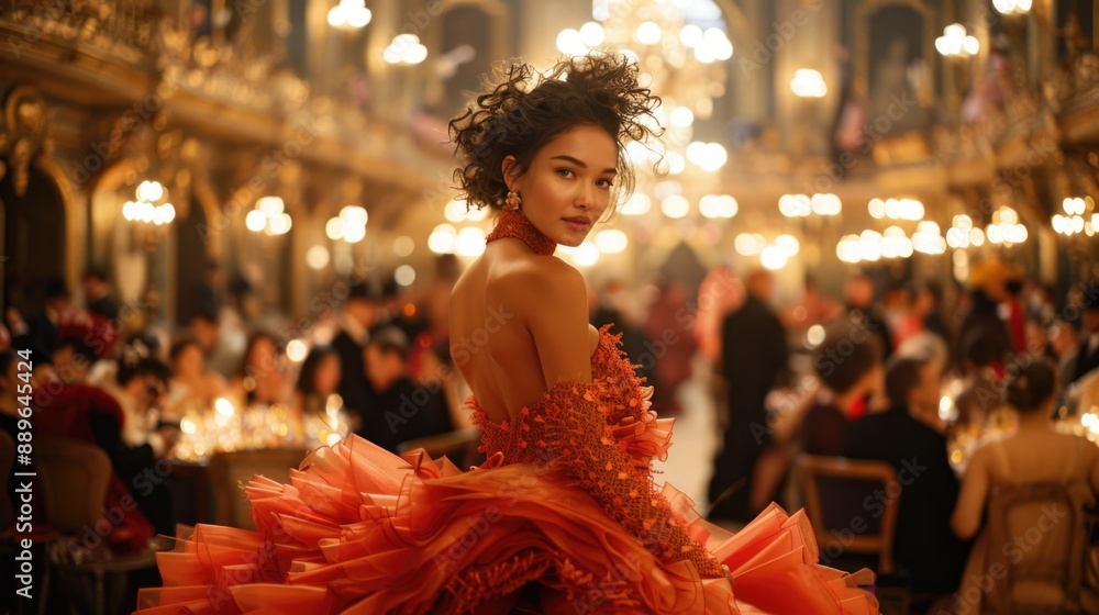 Elegant Woman in Luxurious Red Gown at Opulent Gala Event