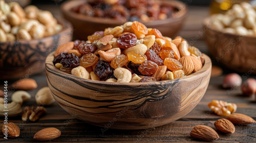 A wooden bowl filled with assorted nuts and dried fruits, set on a wooden table. Perfect for healthy snacking and enjoying natural flavors. A wooden bowl filled with assorted nuts and dried fruits, set on a wooden table. Perfect for healthy snacking and enjoying natural flavors.