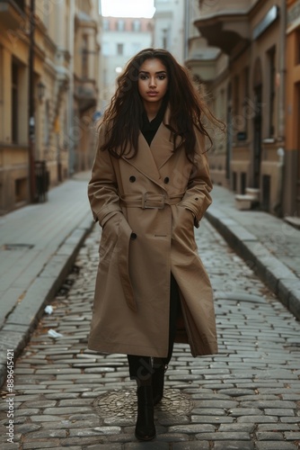 Elegant Woman in Trench Coat Walking Through Cobblestone Alley