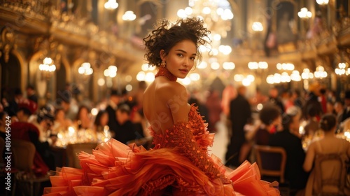 Obraz na płótnie Elegant Woman in Luxurious Red Gown at Opulent Gala Event w salonie