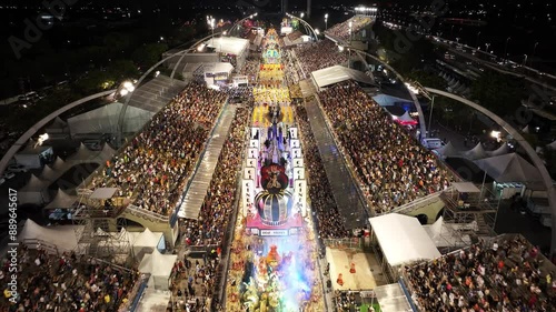 Carnival Parade At Sao Paulo Brazil. Famous Carnival Sambadrome Landscape Viewed From Above. Night Highway Road Downtown Cityscape. Night Exterior Downtown Building Cities Of The World. photo