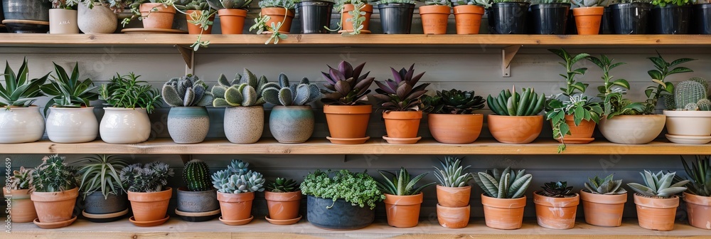 potted plants on shelf in home and garden store. potted plants on shelf in home and garden store.
