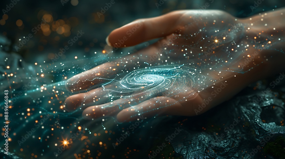 Fototapeta premium Hand touching a spinning data flow, data flow processing visualization background 