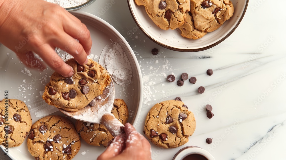 Fototapeta premium A baker's hands carefully folding chocolate chips into cookie dough, with a bowl of ingredients nearby, high-resolution photo, realistic photo, cinematography, hyper realistic