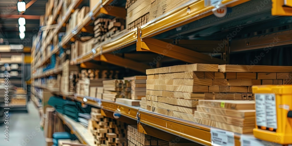 Lumber (wooden beams) on display in hardware store shelving Lumber (wooden beams) on display in hardware store shelving