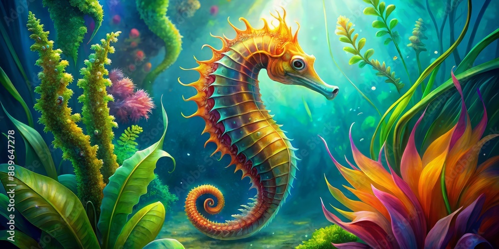 Seahorse in a Vibrant Underwater Garden, Digital Art, Sea Life, Marine Life, Ocean Seahorse in a Vibrant Underwater Garden, Digital Art, Sea Life, Marine Life, Ocean