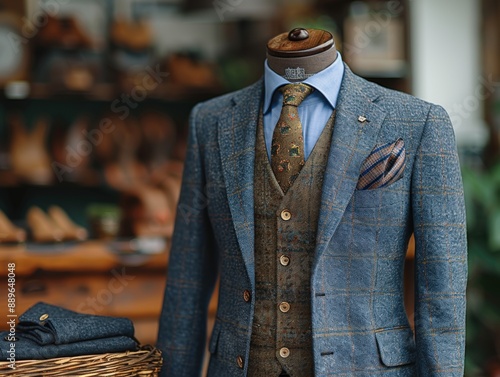 Stylish blue plaid suit on a mannequin in a boutique