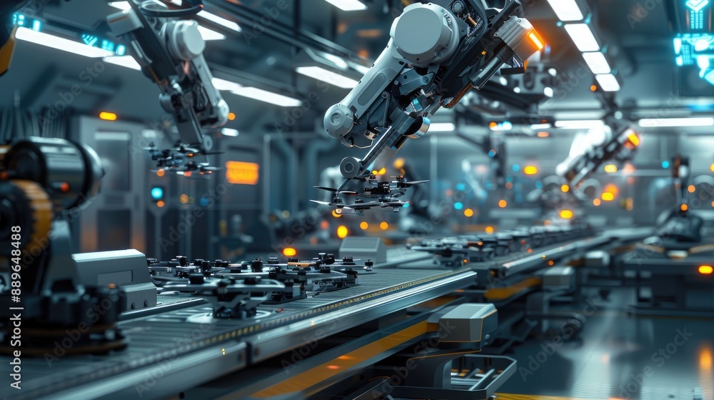 A futuristic factory producing advanced robotics and drones. A futuristic factory producing advanced robotics and drones.