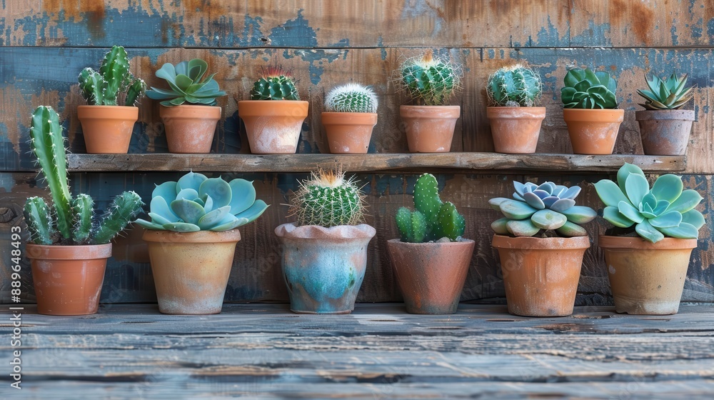 Various small potted cacti and succulents arranged neatly on rustic wooden shelves, creating a charming and natural display. Various small potted cacti and succulents arranged neatly on rustic wooden shelves, creating a charming and natural display.