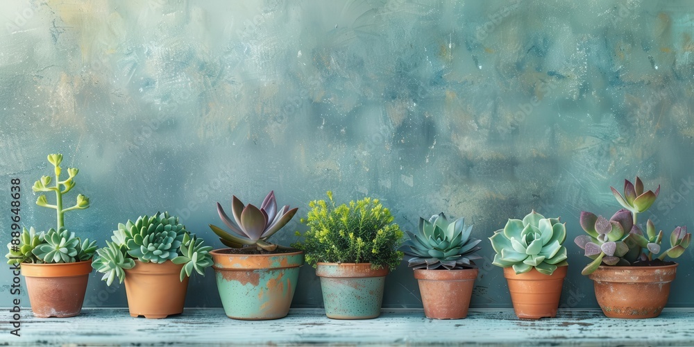 A variety of succulents in terracotta pots against a rustic blue wall. Ideal for gardening, decor, and plant enthusiasts. A variety of succulents in terracotta pots against a rustic blue wall. Ideal for gardening, decor, and plant enthusiasts.