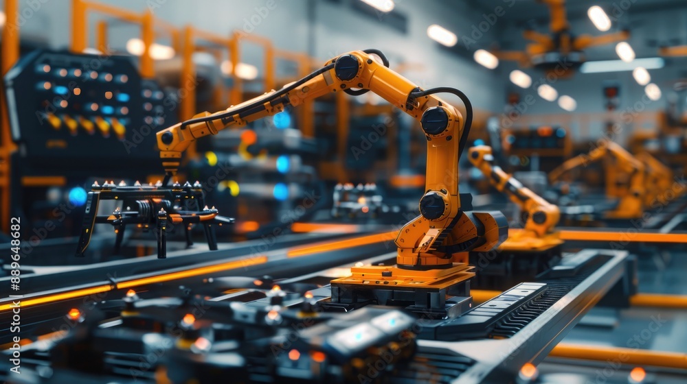 A futuristic factory producing advanced robotics and drones. A futuristic factory producing advanced robotics and drones.