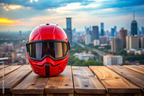 Red helmet with black nose and mouth paint rests on a wooden table in front of a blurred cityscape, evoking a sense of adventurous anonymity. photo