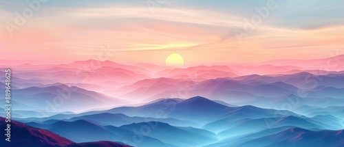 A serene digital painting of a colorful sunrise over misty mountains, creating a peaceful and dreamy landscape. © Suphakorn