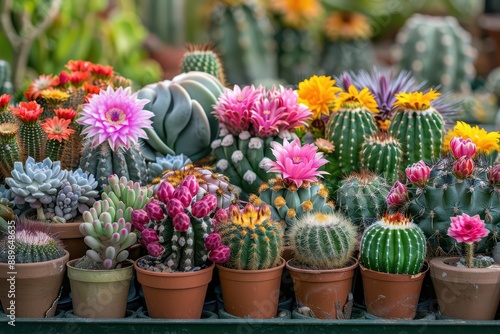 A vibrant assortment of various blooming cacti in small pots, showcasing a stunning array of colorful flowers and unique plant textures.