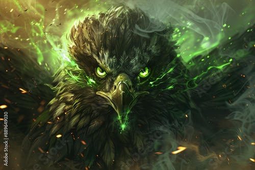 Mystical Eagle Guardian of the Enchanted Forest - A Fantasy Artwork of Majestic Eagle with Green Druid Magic and Glowing Eyes