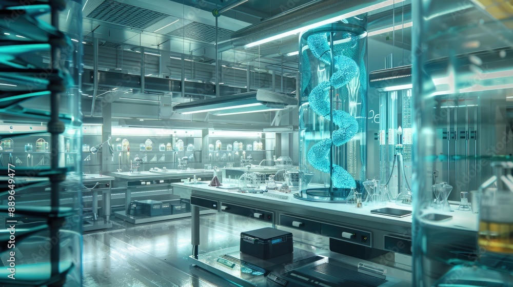A futuristic laboratory with a focus on genetic research and cloning technology. A futuristic laboratory with a focus on genetic research and cloning technology.