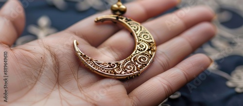 Golden Crescent Moon Ornament Held in Hand